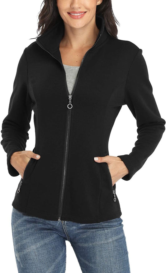 Women'S Full-Zip Jacket Stand Collar Sweatshirt Hoodless Cotton Slim Fit Running Jackets with Pockets