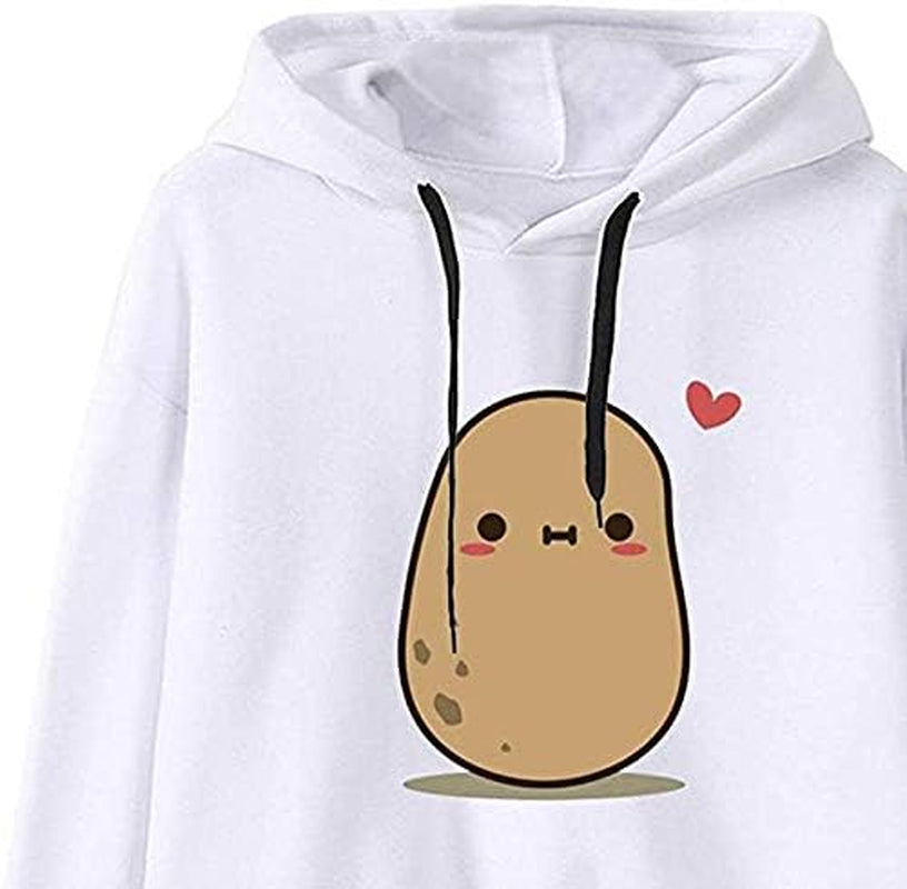 Teen Girls Potato Hooded Sweatshirt Womens Long Sleeve Cute Hoodies Pullover Tops (Small, White)