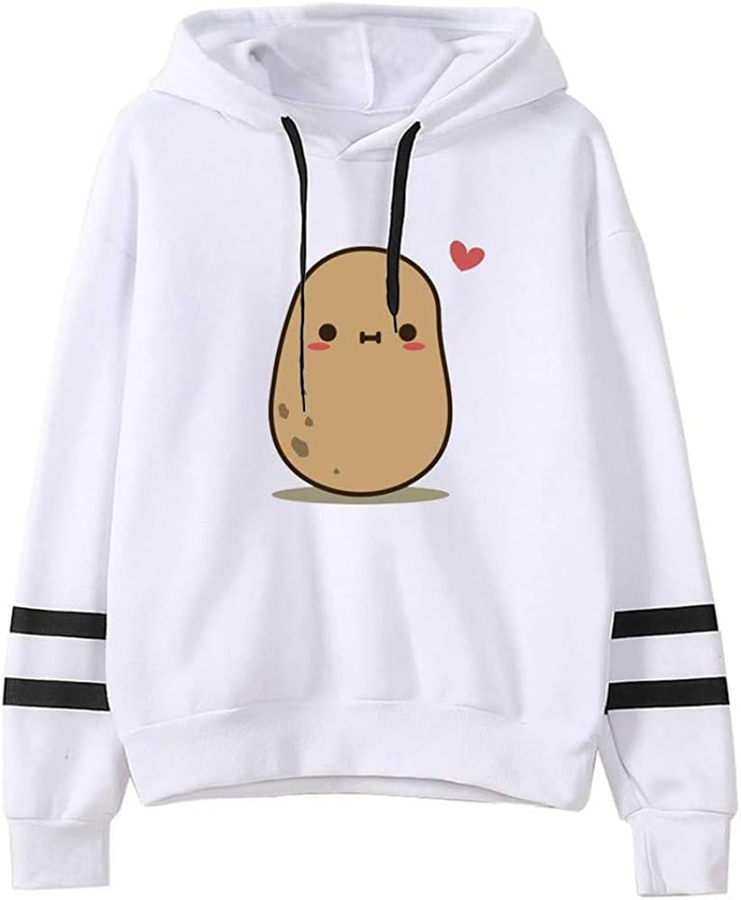 Teen Girls Potato Hooded Sweatshirt Womens Long Sleeve Cute Hoodies Pullover Tops (Small, White)