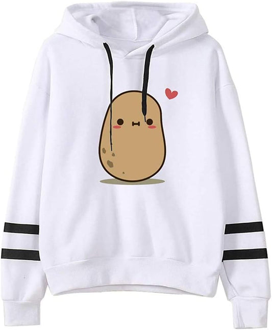 Teen Girls Potato Hooded Sweatshirt Womens Long Sleeve Cute Hoodies Pullover Tops (Small, White)