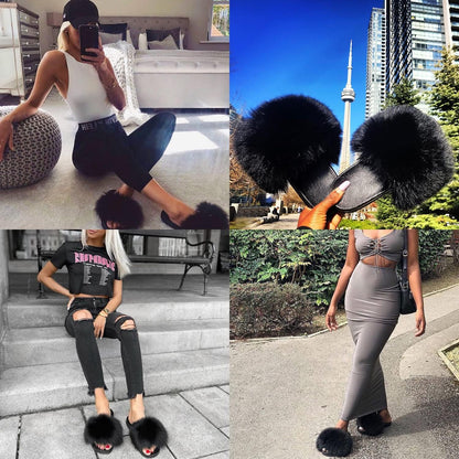 Real Fox Fur Slides for Women - Fluffy Fur Slippers Open Toe Flat Sandals for Outdoor